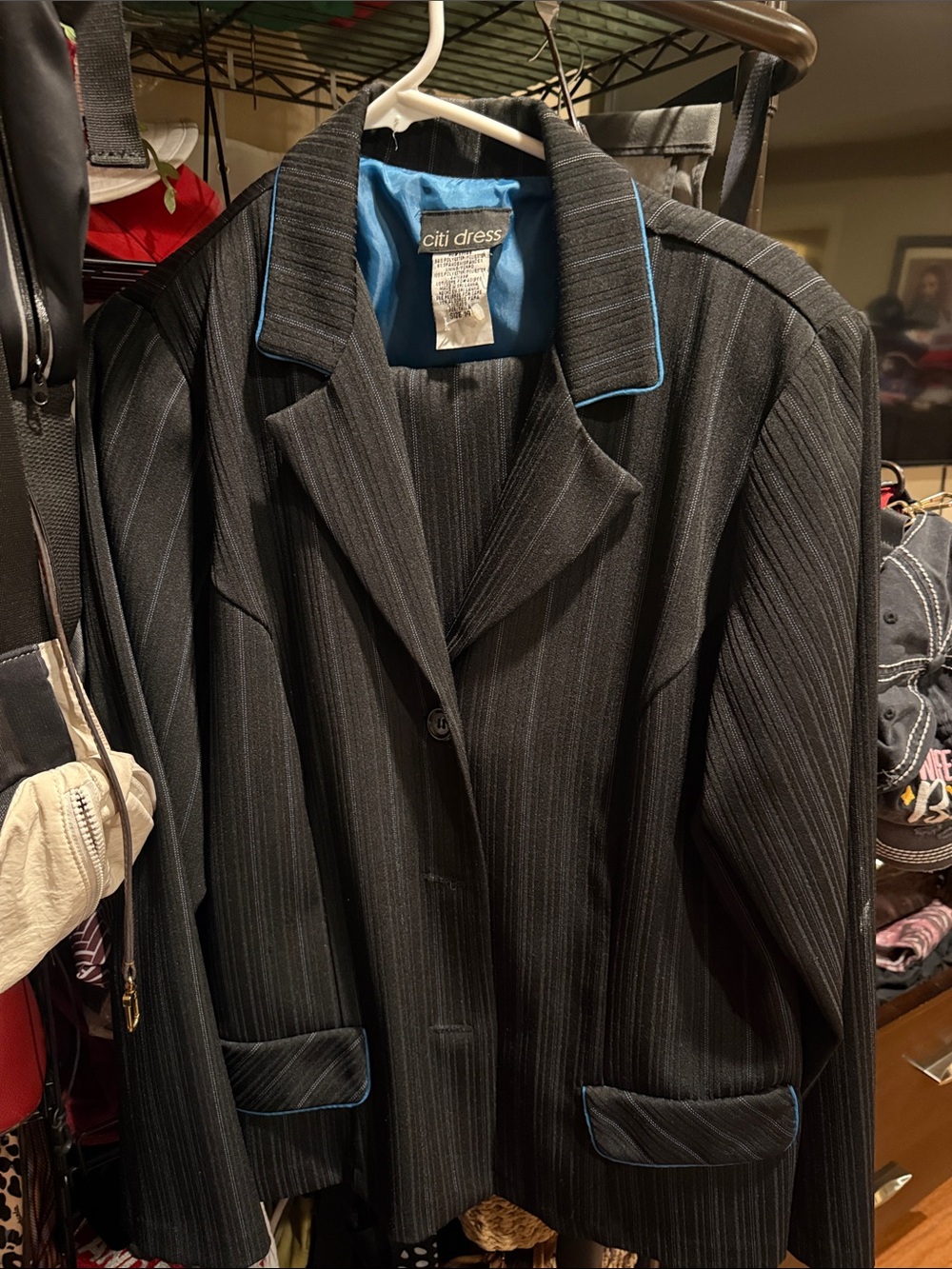 Citi Dress Women's Black Pinstripe Pantsuit Jacket with Blue Trim